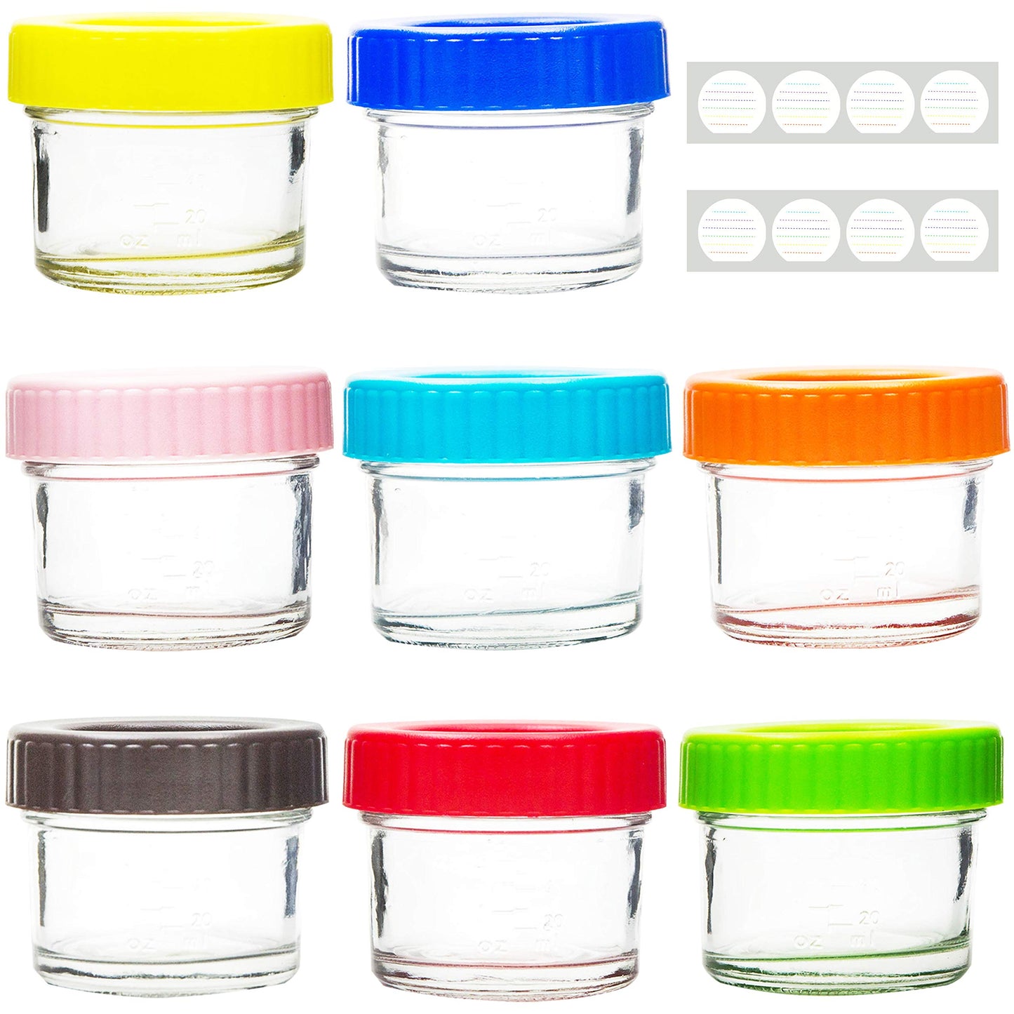 Youngever - Contenedores de vidrio apilables para alimentos para bebés, 4 onzas, con tapas herméticas, tarros de vidrio con tapas, 8 colores surtidos (paquete de 8)