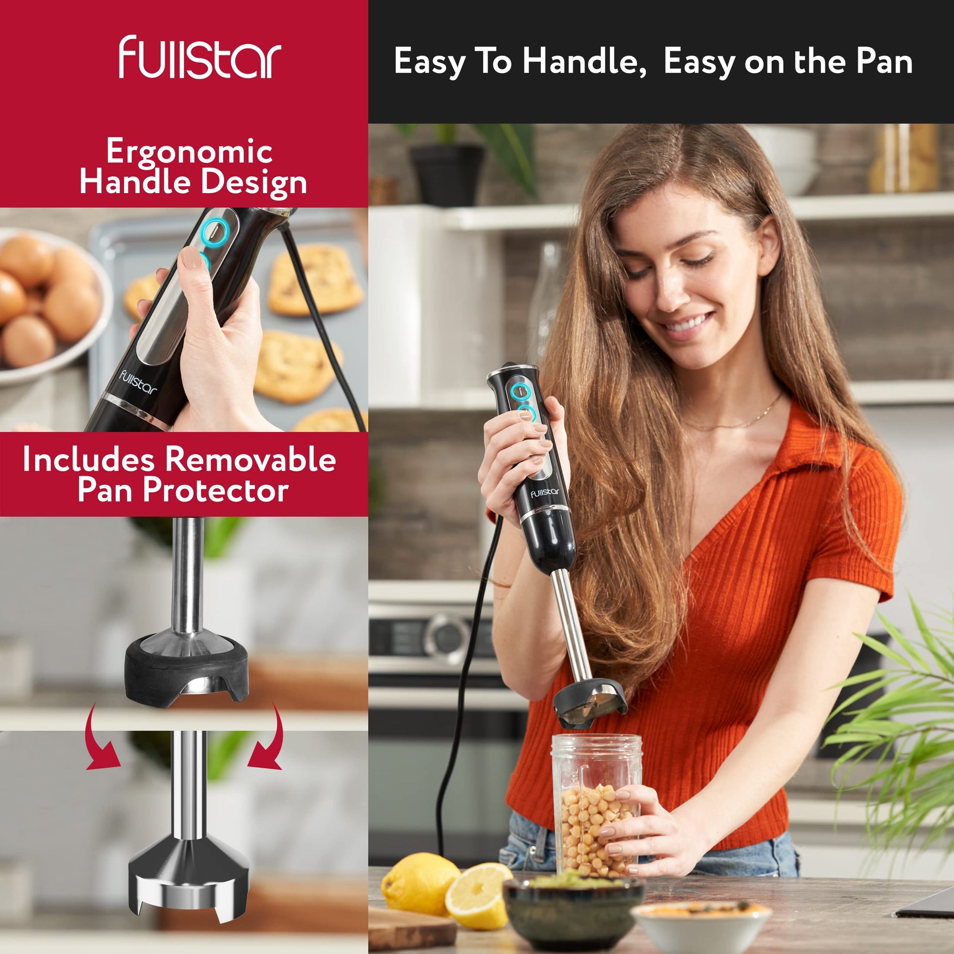fullstar Juego de licuadora de inmersión de 9 velocidades 500 W, batidora de mano eléctrica de mano, batidora de batidos (3 en 1, negro)