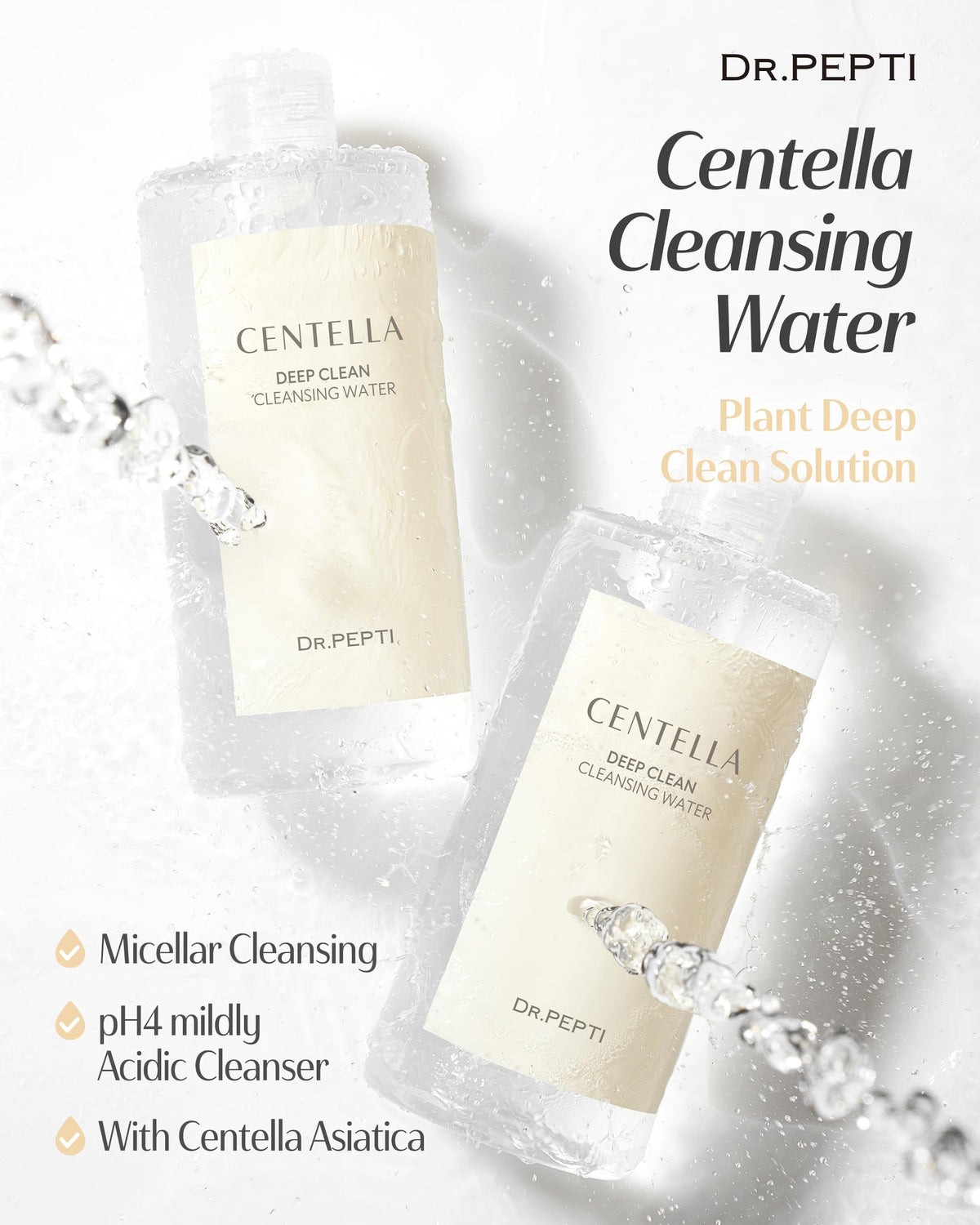 Dr.pepti Agua Limpiadora Profunda Centella - Limpiador Facial Desmaquillante Micelar Coreano - Equilibra el Ph, Hidratante, Suave para Pieles Sensibles y Secas, Amino?cidos de Manzana, P?ptidos, 13,5