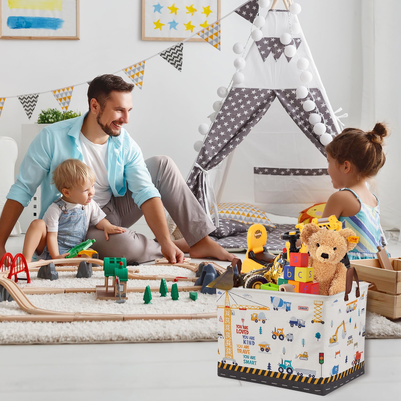 Cesta para decoración de vivero de construcción, cesta de almacenamiento de regalo para niños, camiones de transporte, excavadoras, cesta de juguetes para bebé, cesta de bebé, grande, rectangular,
