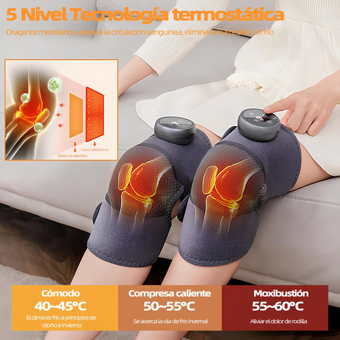Masajeador de Rodilla 3en1 Calentado Recargable Vibración y Calor Ajustable para Artritis y Dolor