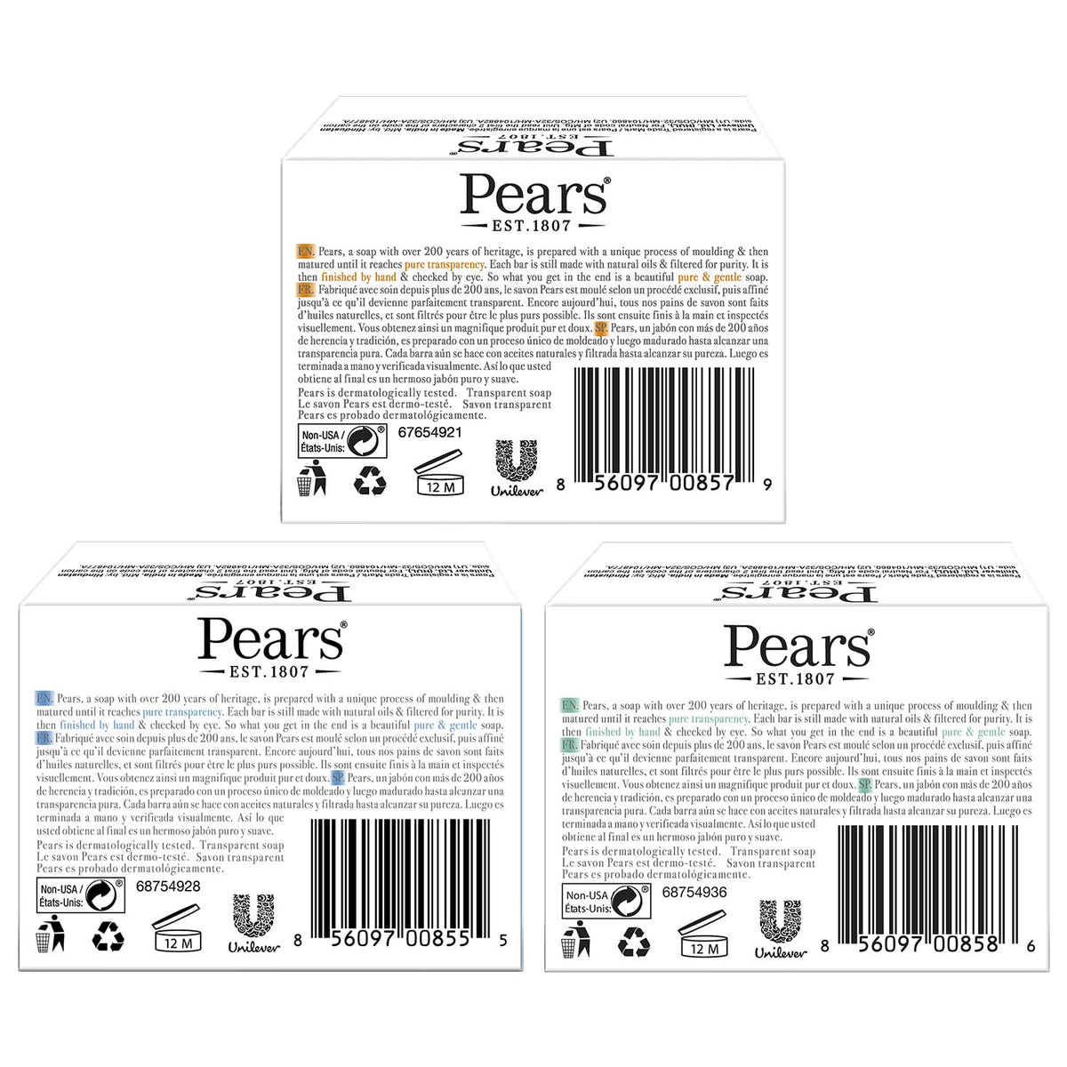 PEARS Jabón de peras, jabón facial y corporal, paquete variado, paquete de 12 – Paquete de jabón transparente puro y suave, jabón de glicerina hidratante para piel brillante, barras de jabón ámbar, azul y