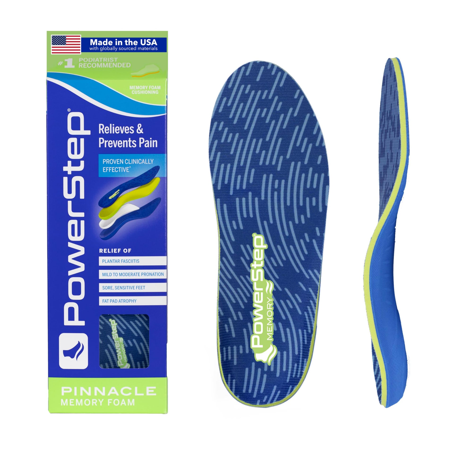 Plantillas PowerStep Azul Verde de Espuma Viscoelástica con Soporte Ortopédico y Alivio del Dolor en Talón y Arco para Mujer y Hombre