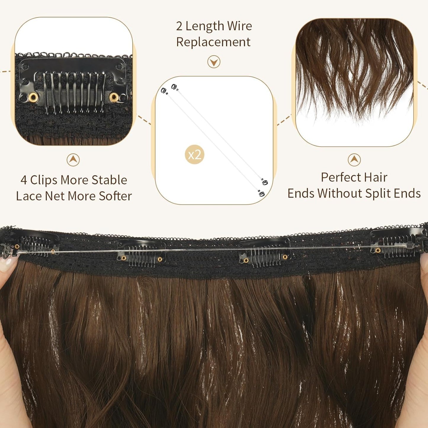 Extensiones de Cabello Natural Ondulado, Extensión de Liga, Extensiones de Cabello Ondulado, Extensiones Halo con Diadema Invisible, 3/4 Cabeza Completa Ondulada Extensiones Cabello con Clip Seguros Extraíbles, Tamaño Ajustable, Resistente al Calor Extraí