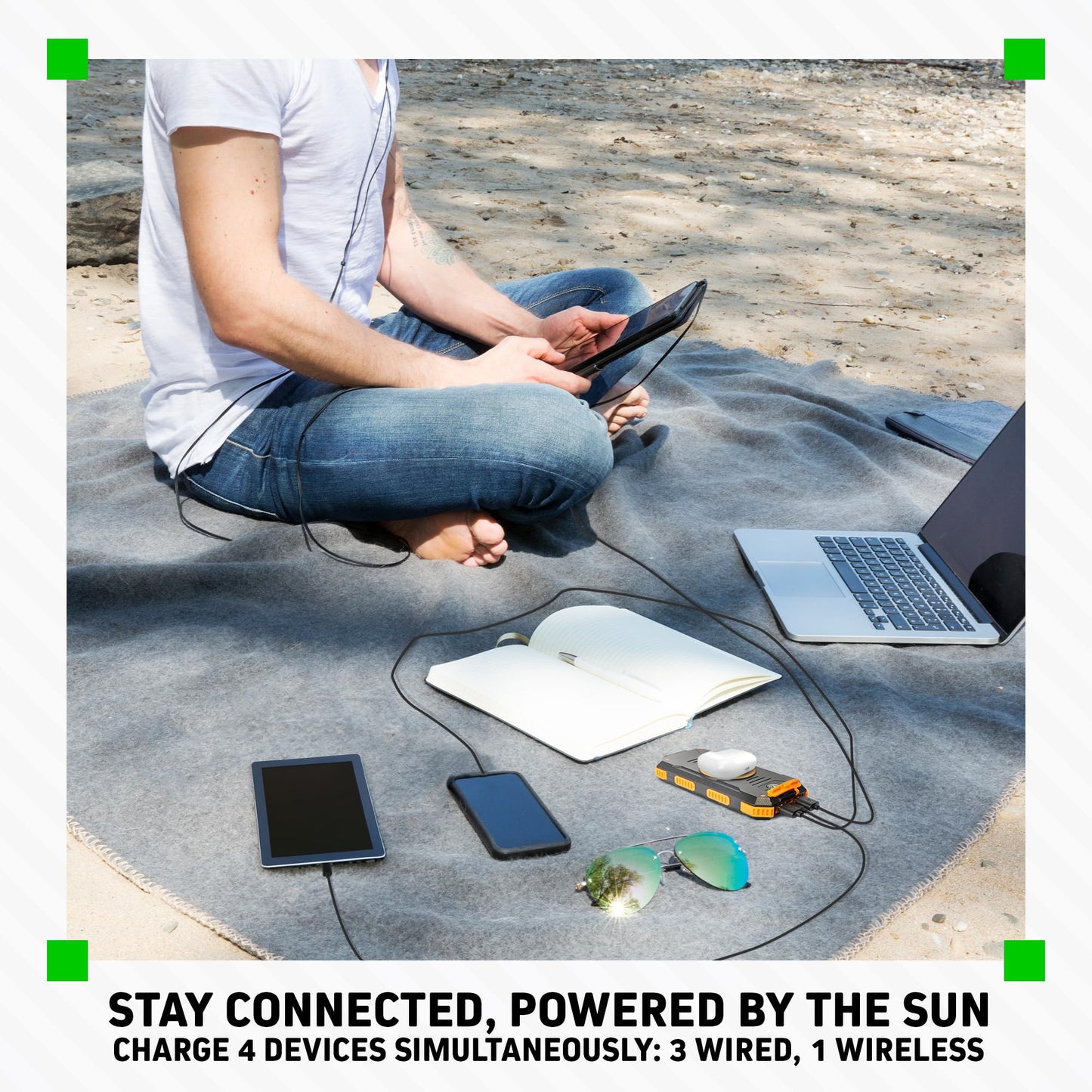 CHARGEWORX - Banco de energía Solar con 2 Puertos USB-A más Puertos de Carga USB-C y Micro-USB, Capacidad de 15.000 mAh, Incluye brújula y linternas LED duales, Ideal para Camping, Senderismo y más