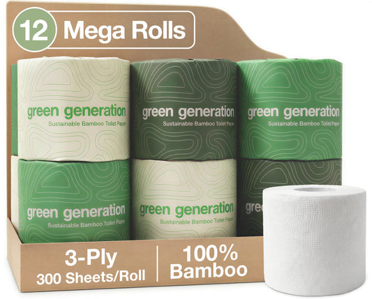 Papel Higiénico de Bambú Green Generation Verde 3 Capas 12 Mega Rollos 300 Hojas Seguro Séptico 3600 Hojas