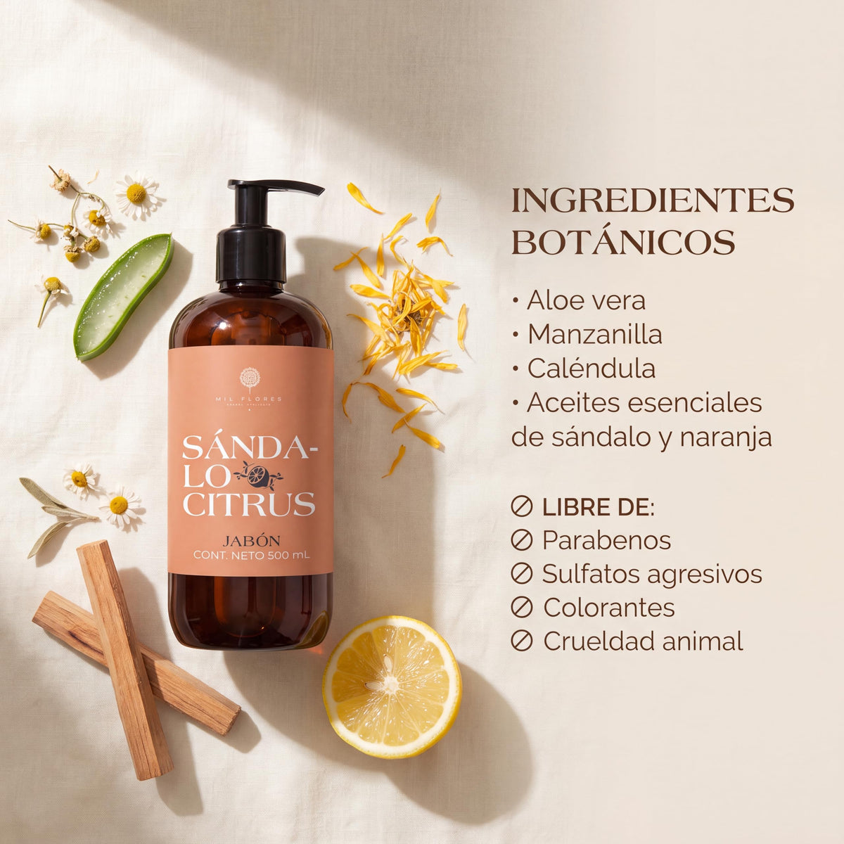 Mil Flores — Jabón Líquido Premium para Manos 500 ml SÁNDALO CITRUS | Ritual de Aromaterapia | Hidrata y Cuida la Piel | Esencias 100% Naturales