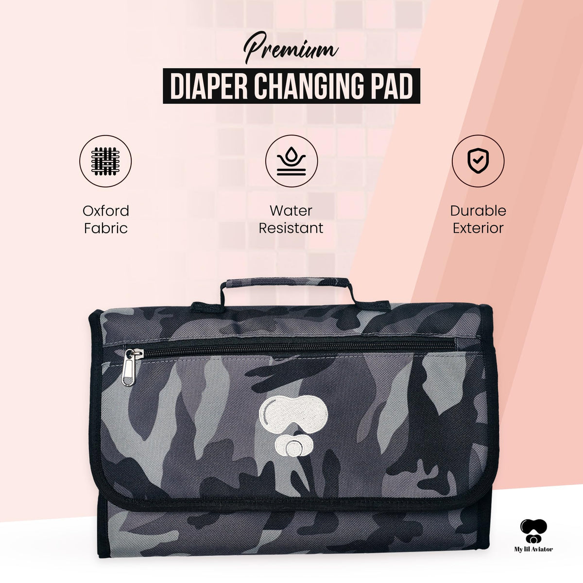 Cambiador portátil de pañales de camuflaje negro y gris, cambiador compacto de bebé para padres diarios y de viaje