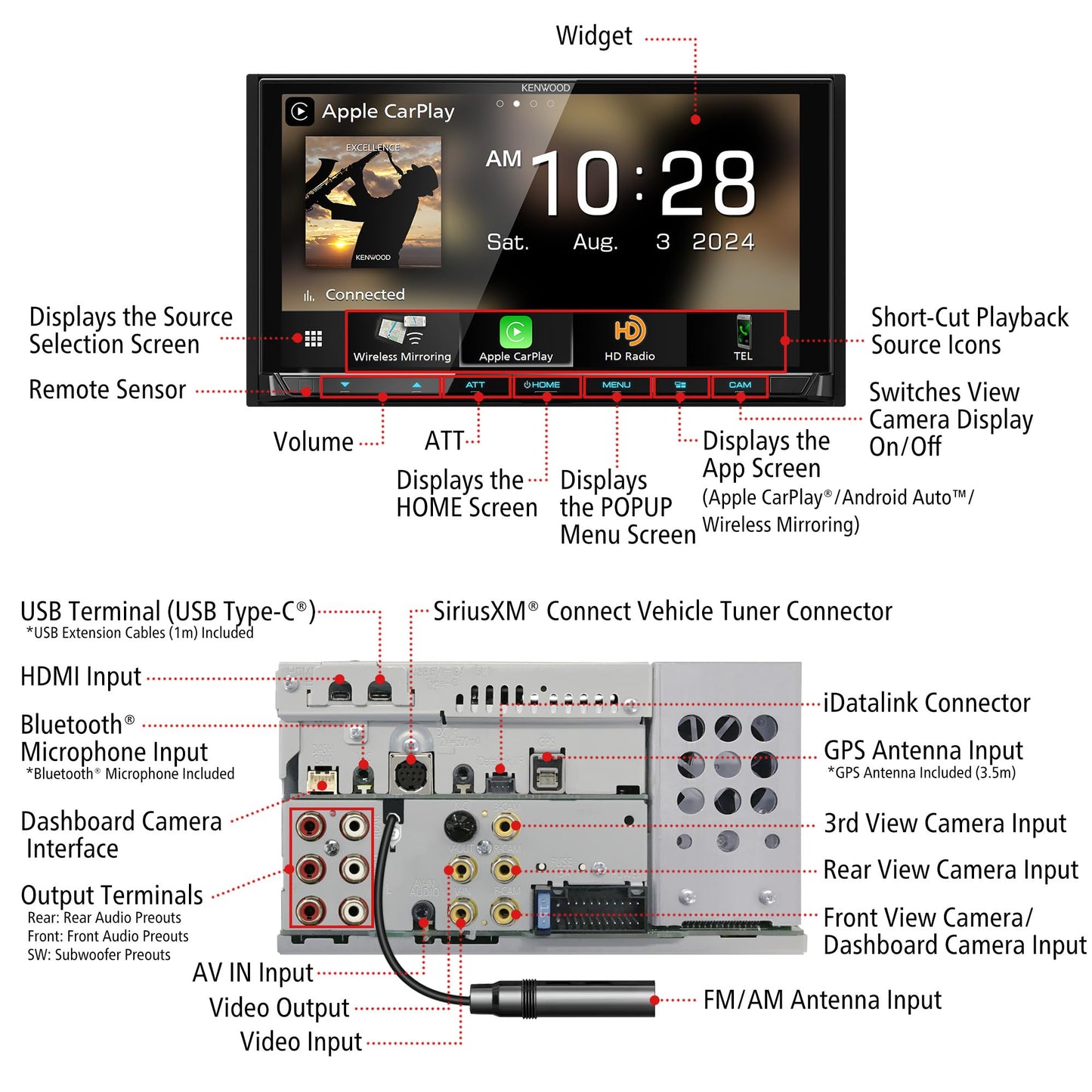 KENWOOD DMX908S EXCELON Receptor multimedia digital con visualización táctil LCD de 6.95 pulgadas, inalámbrico Apple CarPlay y Android Auto, doble din, radio AM/FM HD, Bluetooth, puerto USB, iDatalink