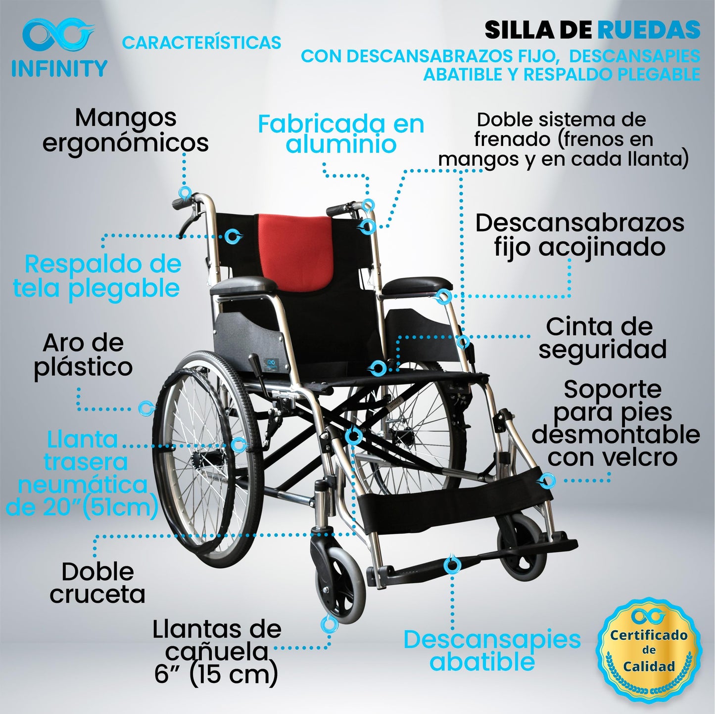 INFINITY | Silla De Ruedas Todo Terreno De Aluminio Con Respaldo Plegable y Doble Sistema de Frenado (Negro-Rojo)