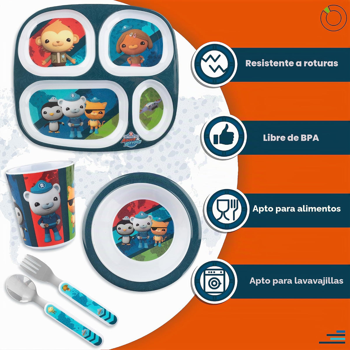 Octonauts - Juego de 5 platos divididos para la hora de la comida para niños y niños pequeños, incluye plato multicompartimento, cuenco, taza, tenedor y cuchara, utensilios duraderos, aptos para