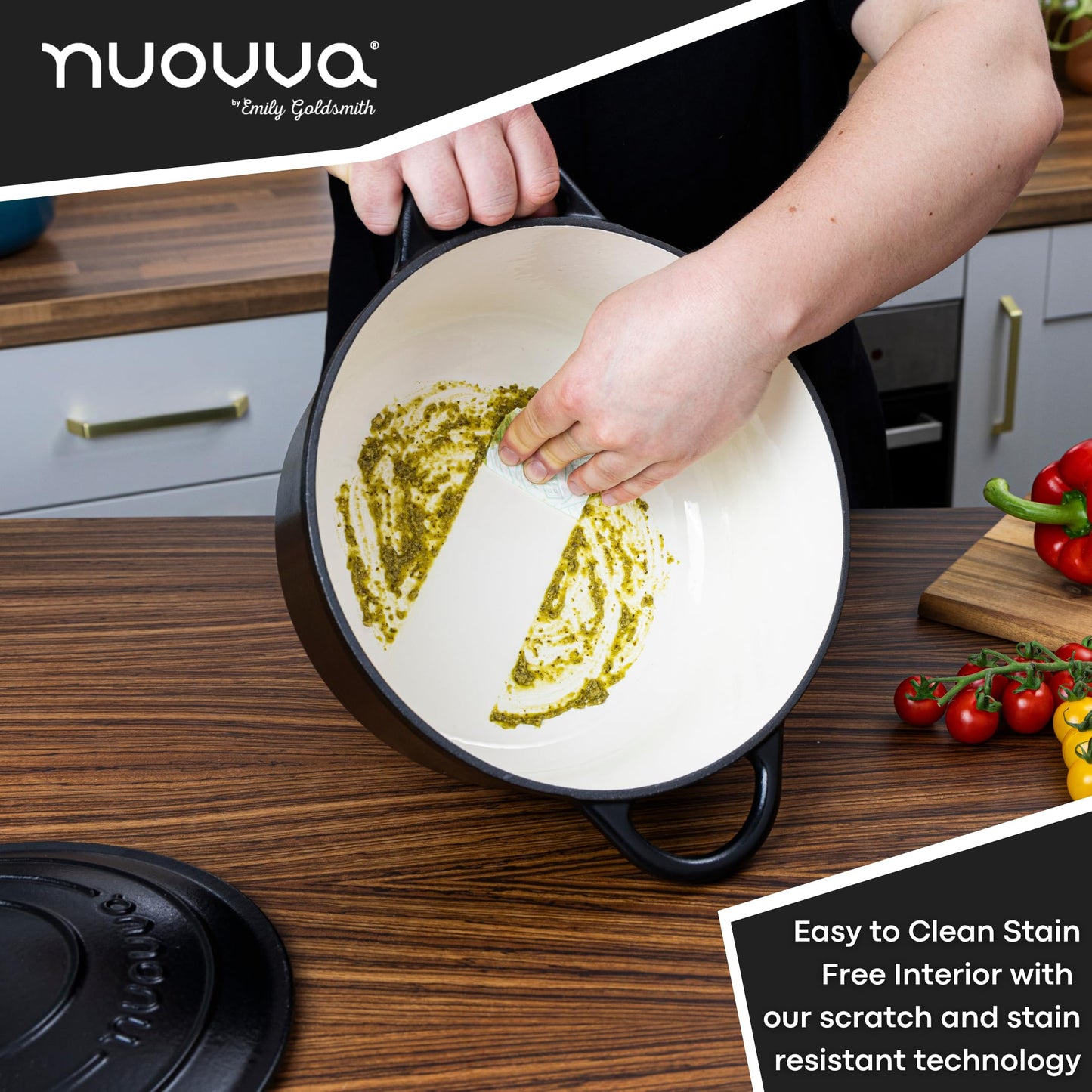 Nuovva - Horno holandés de hierro fundido con tapa - Cacerola esmaltada antiadherente - Utensilios de cocina resistente para horno holandés - Negro, 7.3 cuartos de galón, 30 cm