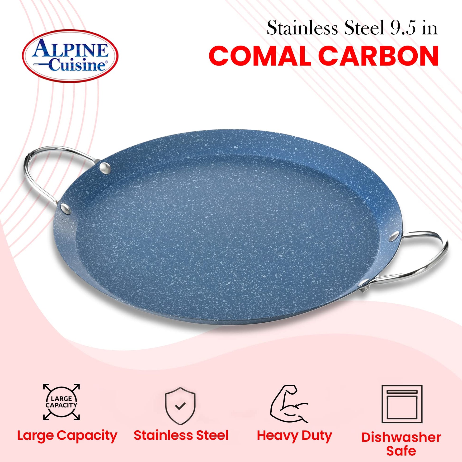 Alpine Cuisine - Plancha redonda Comal de 9.5 pulgadas, plancha azul con doble asa duradera, duradera y resistente Comal para cocinar, calentamiento uniforme