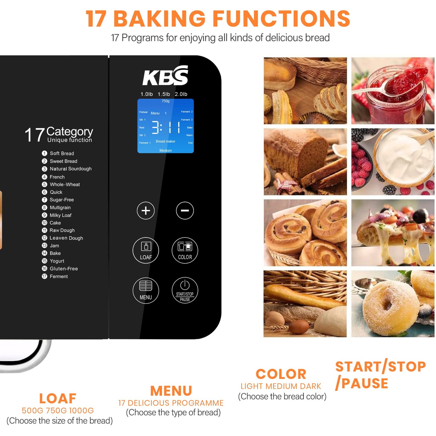 KBS 17 en 1 - Calentadores duales, máquina de acero inoxidable de 710 W sin gluten, máquina de masa, mermelada, yogur PROG, dispensador automático de nueces, bandeja de cerámica y panel táctil, 3