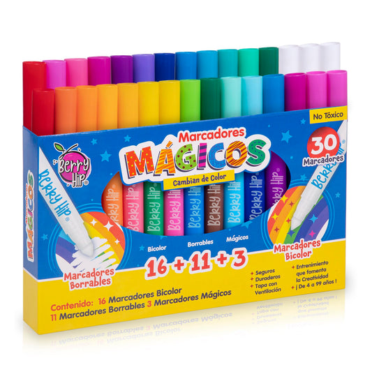 Berry Hip Plumones Mágicos, 30 Marcadores que Cambian de Color y se Borran. Contiene 16 Marcadores que Cambian de Color, 11 Marcadores Borrables y 3 Marcadores Mágicos