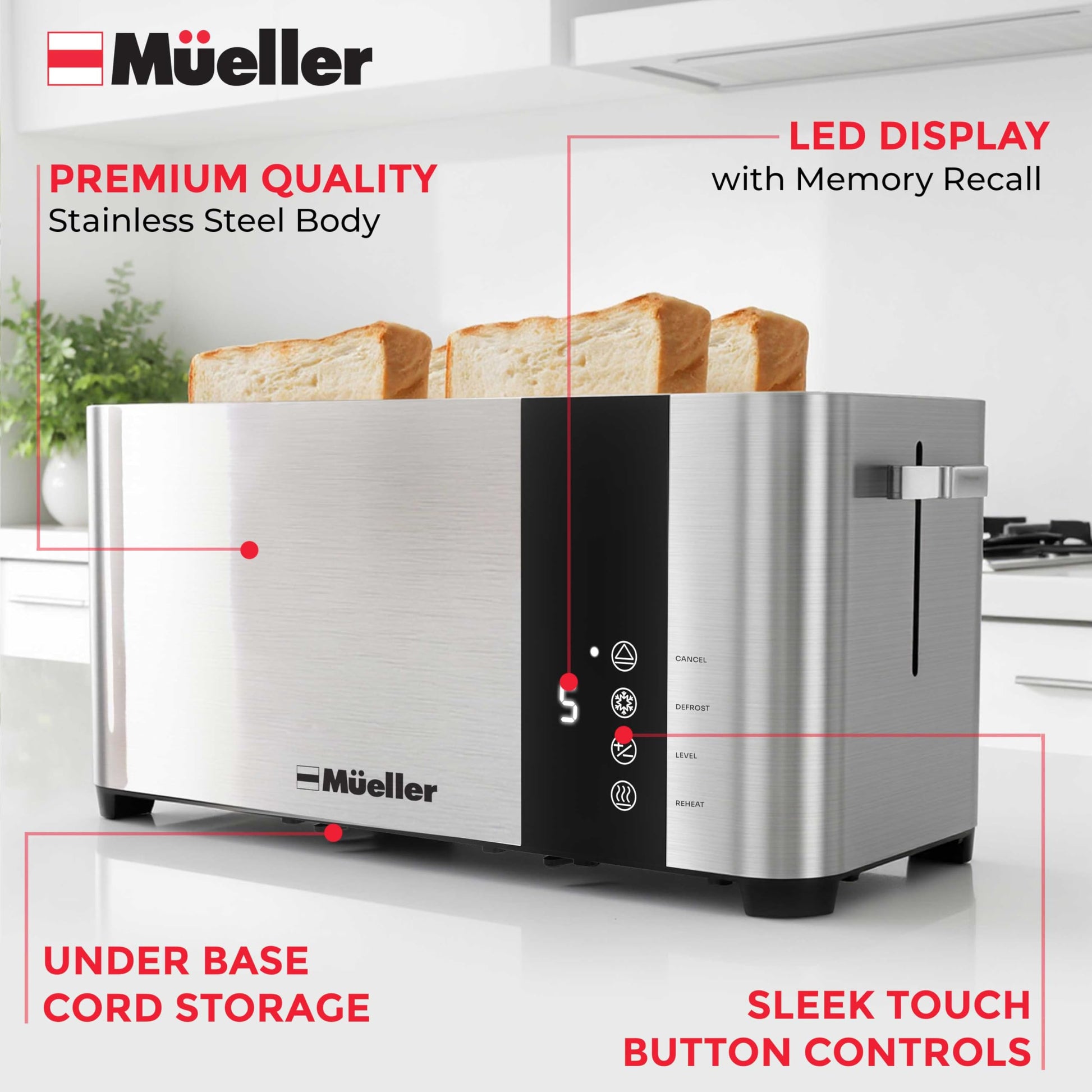 Mueller UltraToast - tostador completa de acero inoxidable, 4 rodajas, ranuras largas extra anchas con bandeja extraíble, funciones de cancelación/descongelación/recalentamiento, 6 niveles de color dorado con visualización LED
