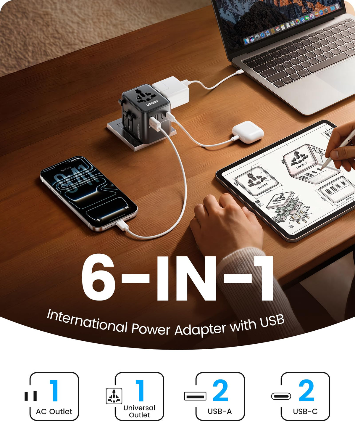 Adaptador de Viaje Universal LENCENT Blanco con Cargador Internacional