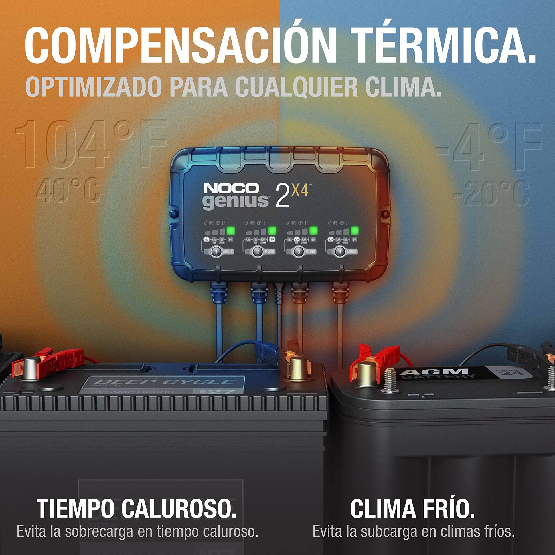 NOCO GENIUS2X4: Cargador Inteligente 6V/12V 8A de 4 Bancos (2A por Banco) – Mantenedor automático, Cargador Lento y desulfatador con protección contra sobrecarga – para baterías de Plomo y Litio