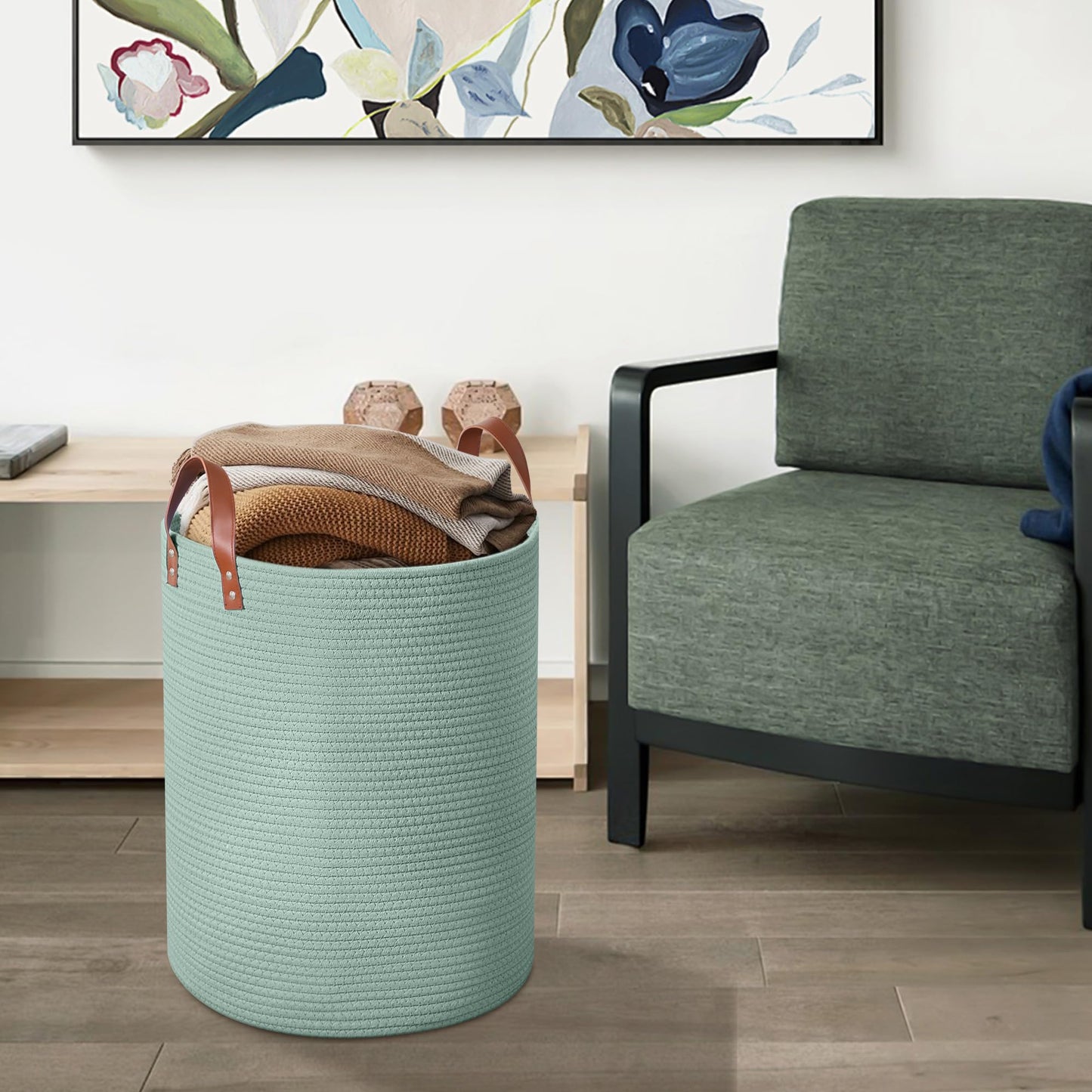 Wymulot - Cesta grande de cuerda de 80 l, cesta de almacenamiento de cuerda tejida con asas de piel, cesta de almacenamiento de juguetes para perros, recámara, almacenamiento de manta de guardería,
