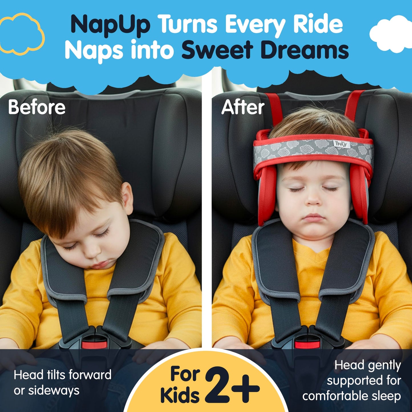 NAPUP Soporte para cabeza de niño para asientos de coche – Solución segura y cómoda de apoyo de almohada para cabeza y cuello para asientos delanteros de coche y refuerzos de respaldo alto – Accesorios de viaje para bebés y niños (roja)
