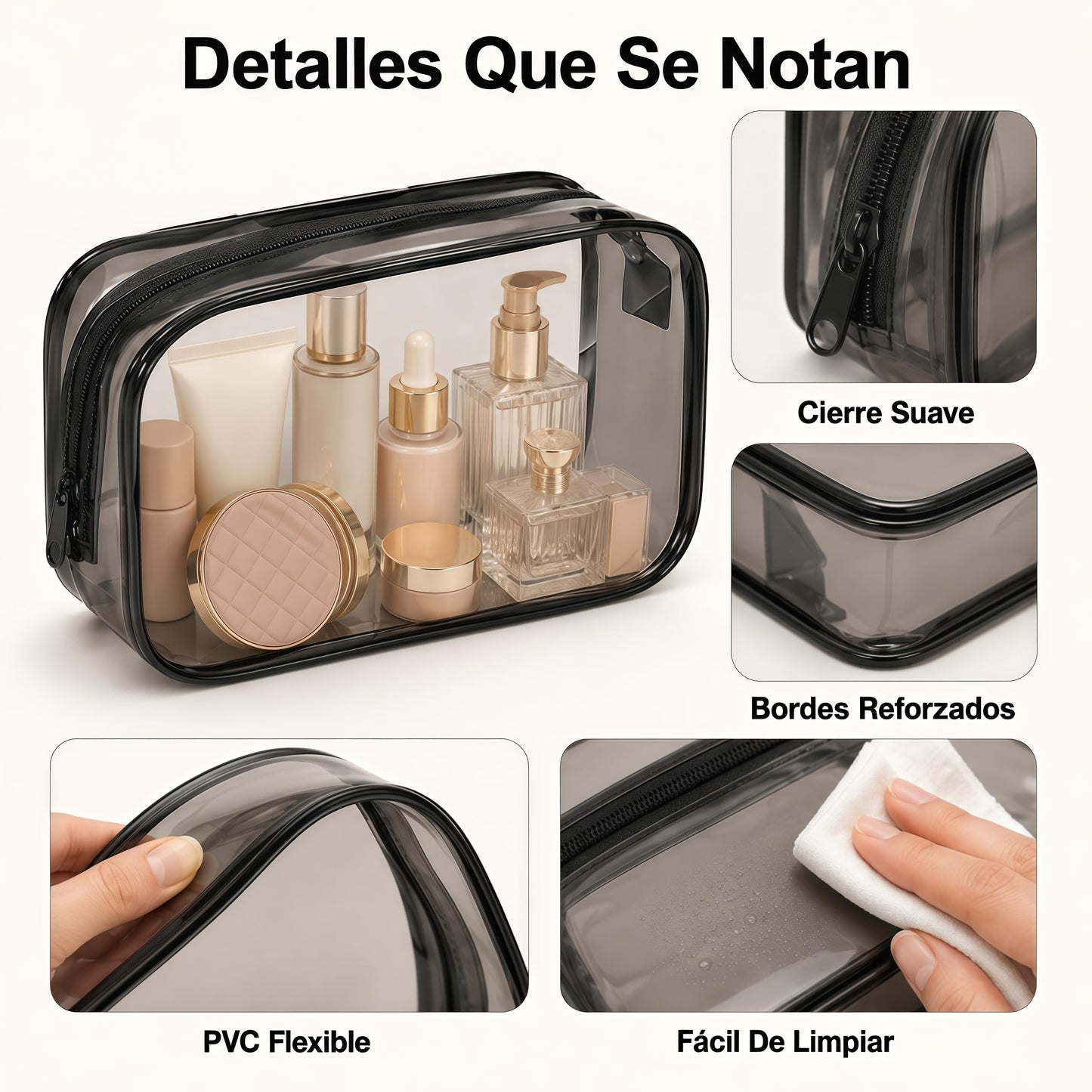 Cosmetiqueras Transparentes 6 Piezas de PVC, Bordes Negros, 18 x 12 x 6 cm