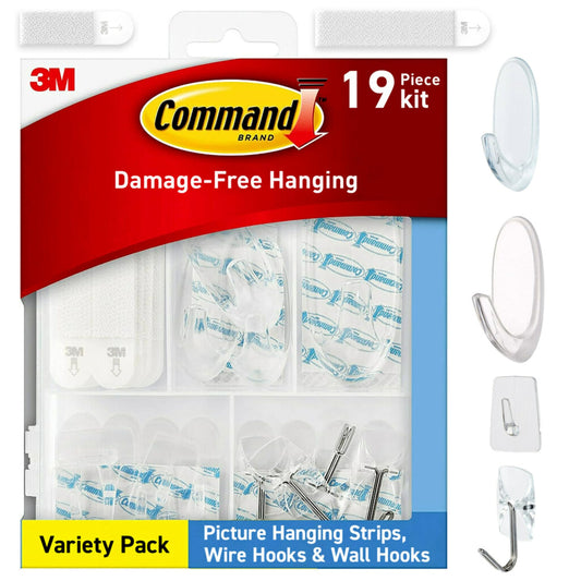 Command - Paquete variado transparente, incluye 8 pares de tiras para colgar fotos, 4 ganchos de alambre transparente y 11 ganchos de pared para colgar decoración del hogar, sin daños y colgar hasta