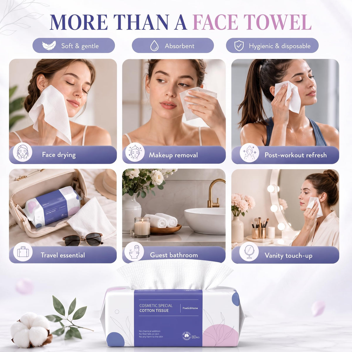 PoeticEHome Toallitas secas de algodón extra grueso, toalla facial desechable sin pelusa, paños de tejido facial para limpieza profunda y limpieza de maquillaje, paquete de 4