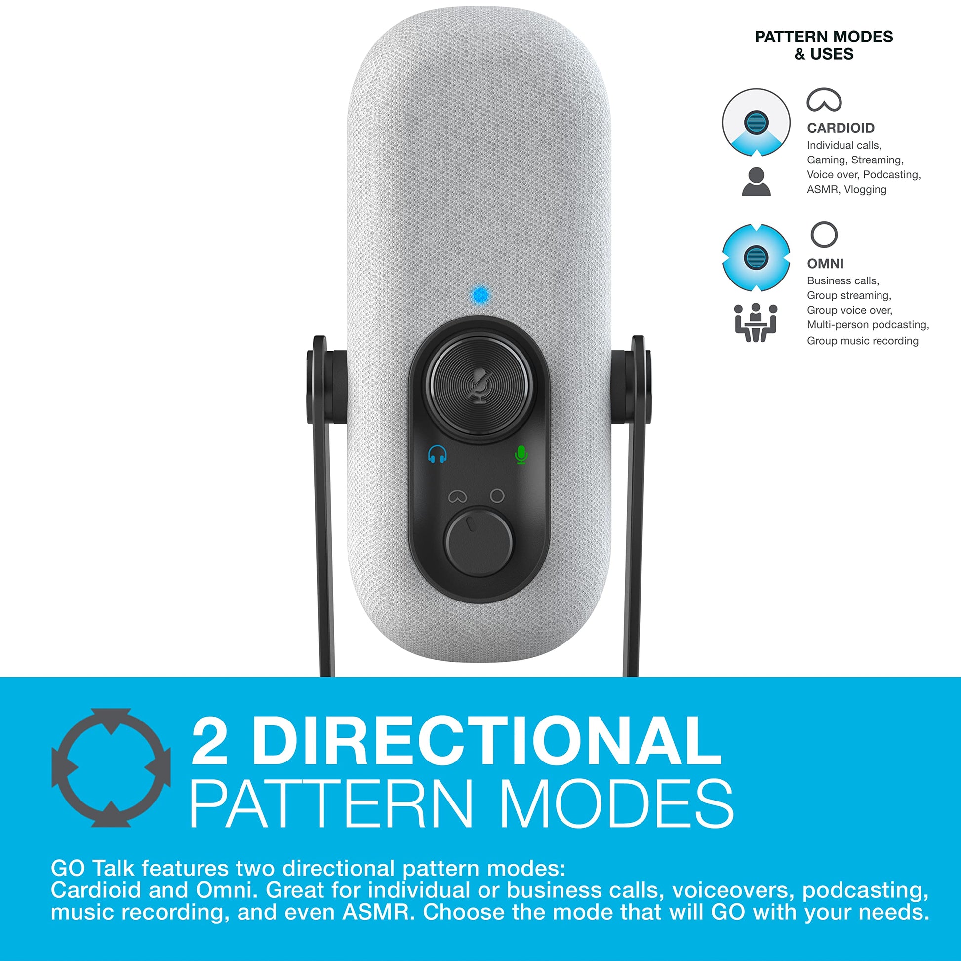 JLab Go Talk Micrófono USB | Blanco | Salida USB-C | Cardioide u omnidireccional | Frecuencia de muestreo de 96 K | Respuesta de frecuencia de 20 Hz - 20 kHz | Control de volumen y silencio rápido | AUX de 3,5 mm | Plug and Play