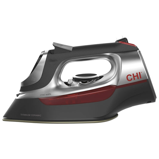 CHI Plancha de vapor para ropa con suela de cerámica infundida de titanio, 1700 vatios, control electrónico de temperatura, cable retráctil de 8 pies, apagado automático de 3 vías, más de 400 agujeros, grado profesional, plata (13102)