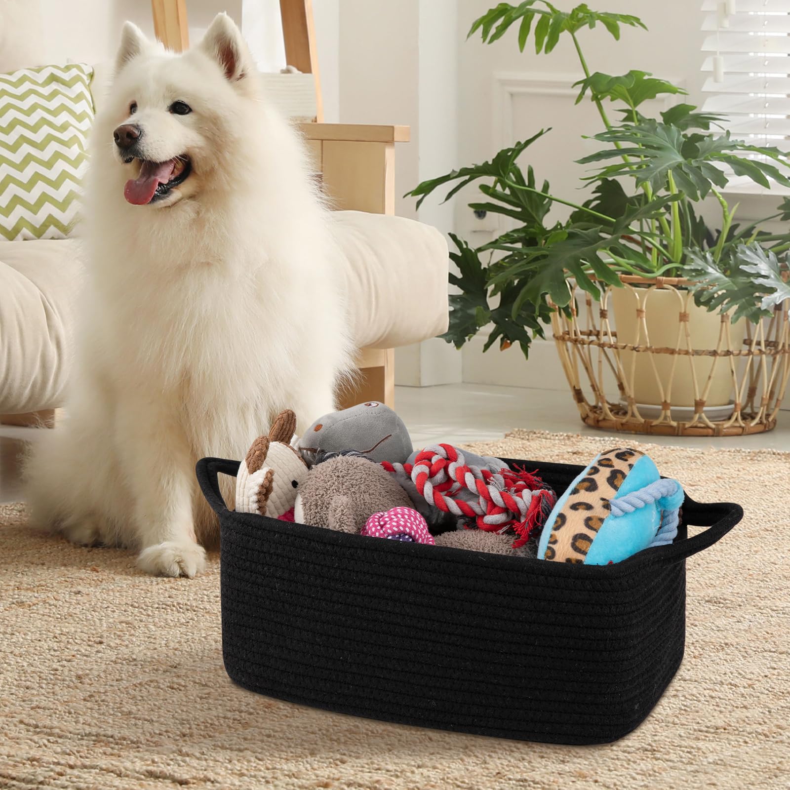 OIAHOMY - Cesta de regalo vacía con bolsas de regalo y cintas, cesta de cuerda para baby shower, cesta de almacenamiento con asas para guardería, cesta de juguetes para mascotas, color negro