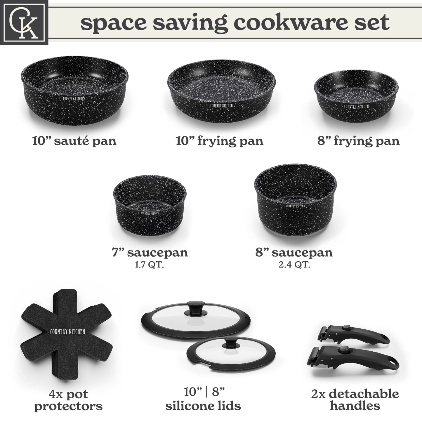 Country Kitchen - Juego de ollas y sartenes de 13 piezas, utensilios de cocina antiadherentes seguros con mango extraíble, juego de utensilios de cocina para RV, apto para horno (negro)
