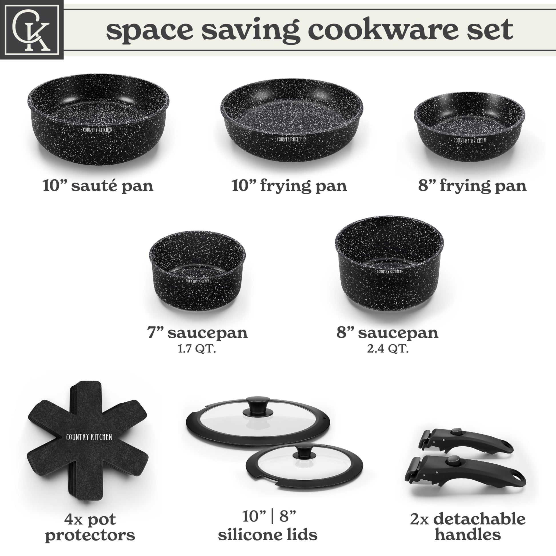 Country Kitchen - Juego de ollas y sartenes de 13 piezas, utensilios de cocina antiadherentes seguros con mango extraíble, juego de utensilios de cocina para RV, apto para horno (negro)
