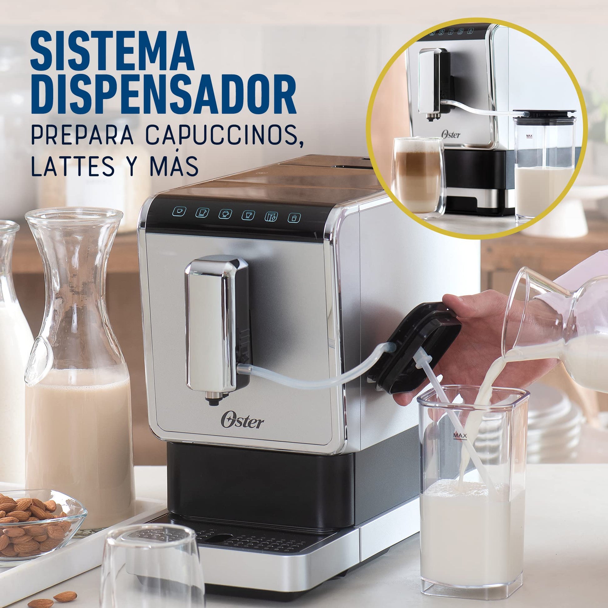 Oster Cafetera Super Automática para Espresso, de 20 Bares de Presión, con Molino Integrado, con Panel de Control Táctil con 5 Funciones Preestablecidas, Color Plata-Negro, BVSTEM8100-013