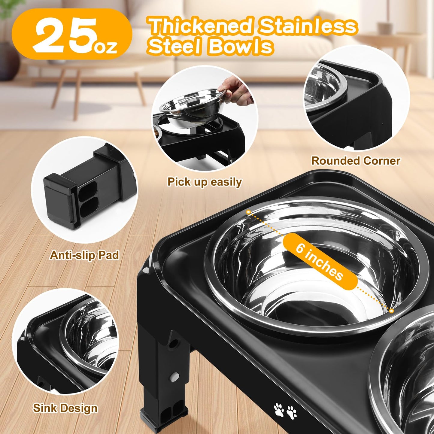 Lingtoolator Dog Bowls for Small Medium Dogs 3 Height Adjustable Raised Dog Bowl Stand with 2 Thick 6" Stainless Steel Dog Food Bowls Non-Slip Dog Feeder Adjusts to 2.75", 6", 7.5