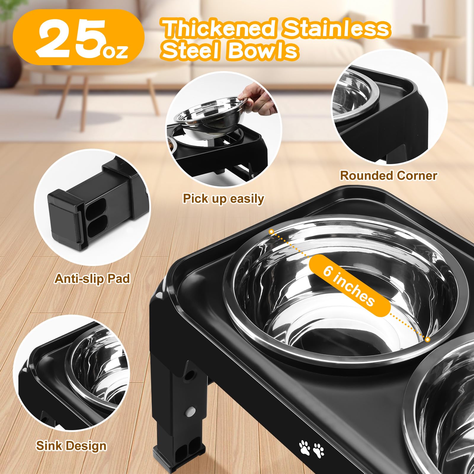 Lingtoolator Dog Bowls for Small Medium Dogs 3 Height Adjustable Raised Dog Bowl Stand with 2 Thick 6" Stainless Steel Dog Food Bowls Non-Slip Dog Feeder Adjusts to 2.75", 6", 7.5
