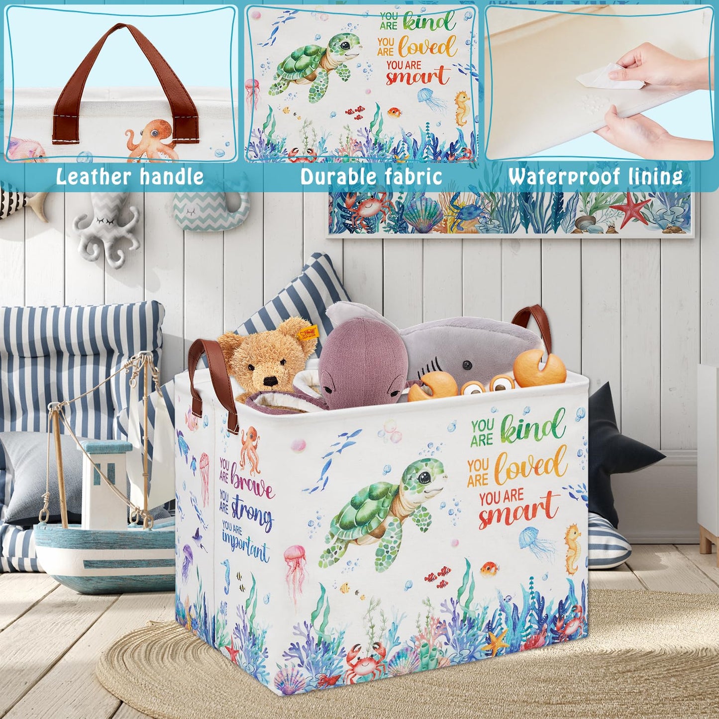 Cesta de almacenamiento de tortugas marinas, cesta vacía de regalo para bebé, cesta de regalo para guardería, cesta de lavandería rectangular para niños, cesta plegable para ropa, libro de juguetes