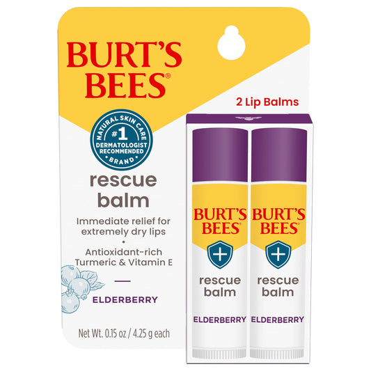 Burt's Bees 100% Natural Origin Rescue Lip Balm with Beeswax and Antioxidant-Rich Elderberry, 2 Tube in Blister Box, Package May Vary, Purple, 0.15 Oz