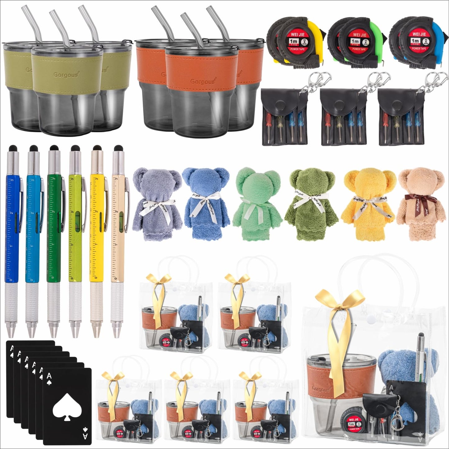 Buecobby - Juego de 6 premios para baby shower para hombres, con paño de limpieza de vasos de vidrio, mini destornillador, juego de llaveros, multiherramientas, divertidos premios útiles para