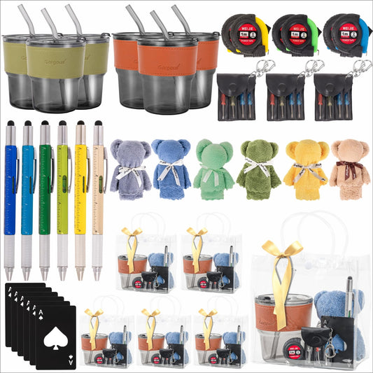 Buecobby - Juego de 6 premios para baby shower para hombres, con paño de limpieza de vasos de vidrio, mini destornillador, juego de llaveros, multiherramientas, divertidos premios útiles para