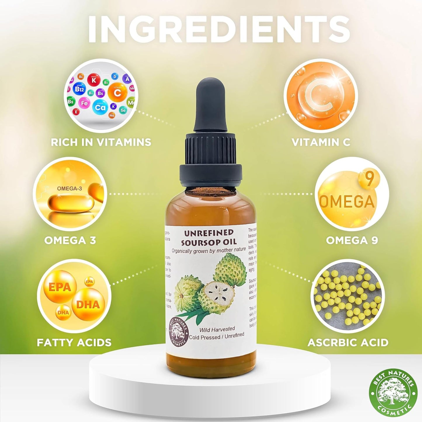 Best Nature's Cosmetics Aceite de Guanábana 60 ml Prensado en Frío - Hidratación - Nutrición - Revitalizante - Hecho en USA