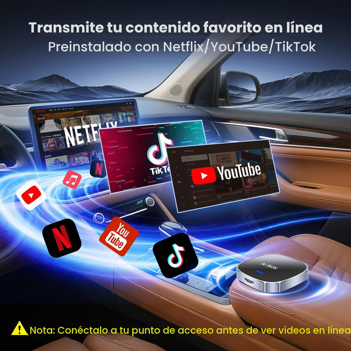 Adaptador Inalámbrico 2 en 1 Magic AI Box Streaming para Apple CarPlay y Android Auto 2026 Compatible Netflix YouTube coche