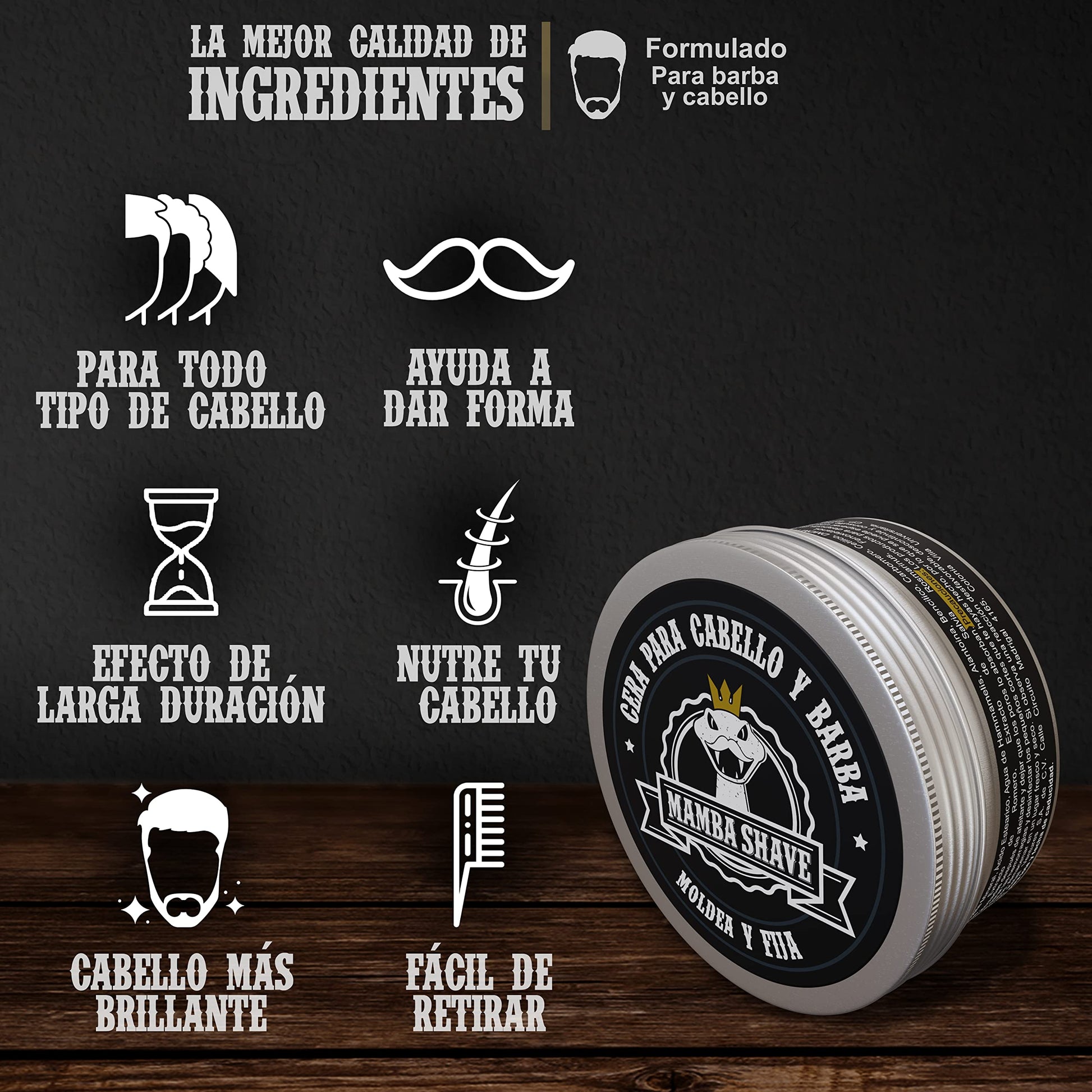 Mamba Shave | Cera para Cabello y Barba - Strong Hold | 120 ml | Cera para Cabello de Fijación Firme Moldea con facilidad el Cabello y la barba. Cera para Cabello y Barba. STRONG HOLD Hair Wax for Men.