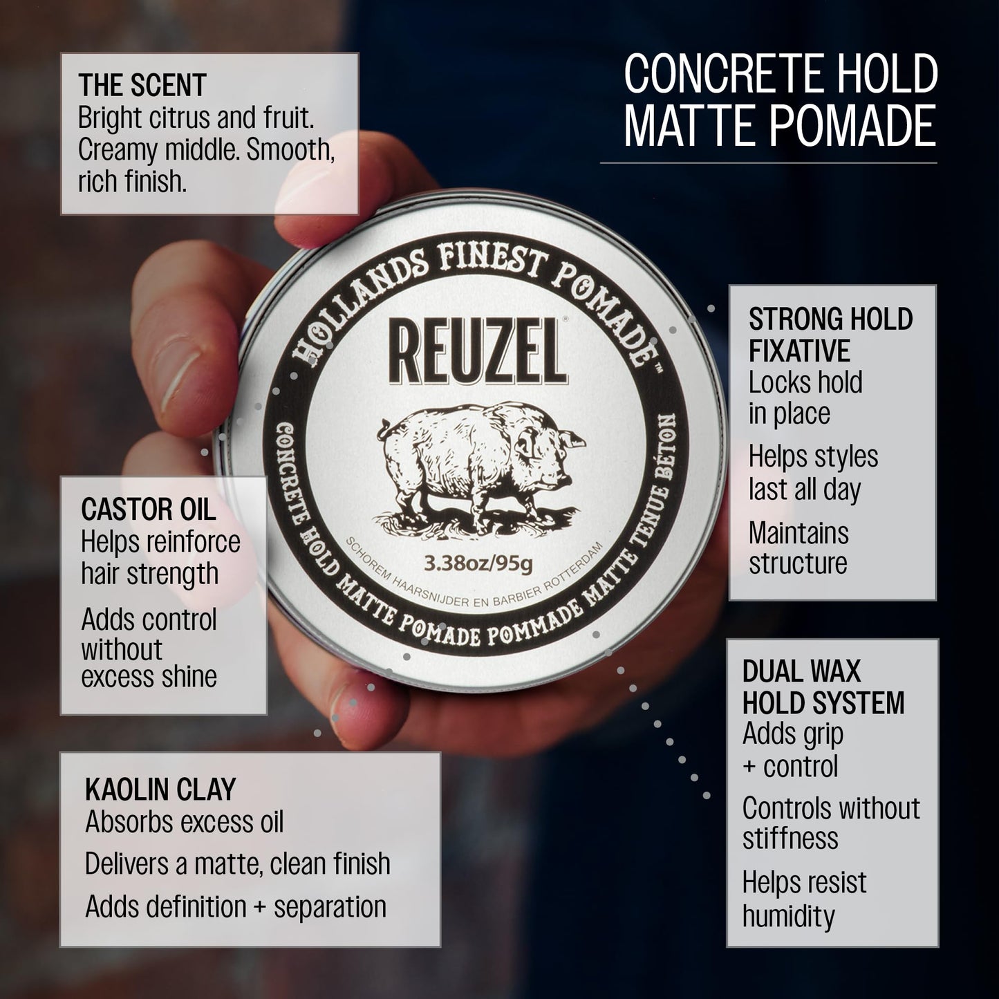 Reuzel Pomada mate Concrete Hold, pomada de fijación extra firme para un peinado fuerte y de aspecto natural, 3,38 oz/95 g