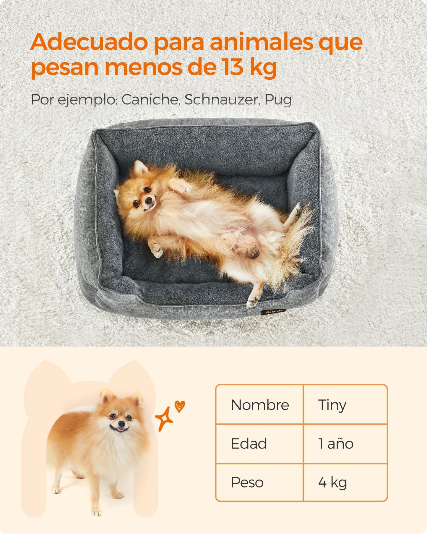 Feandrea Cama para Perros, Sofá para Mascotas, 70 x 55 x 21 cm, Bordes Elevados, M, para Perros Pequeños, Gris Claro MPGW10GG