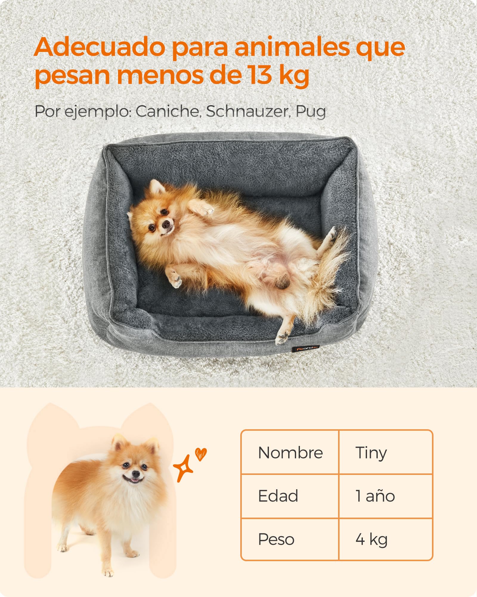 Feandrea Cama para Perros, Sofá para Mascotas, 70 x 55 x 21 cm, Bordes Elevados, M, para Perros Pequeños, Gris Claro MPGW10GG