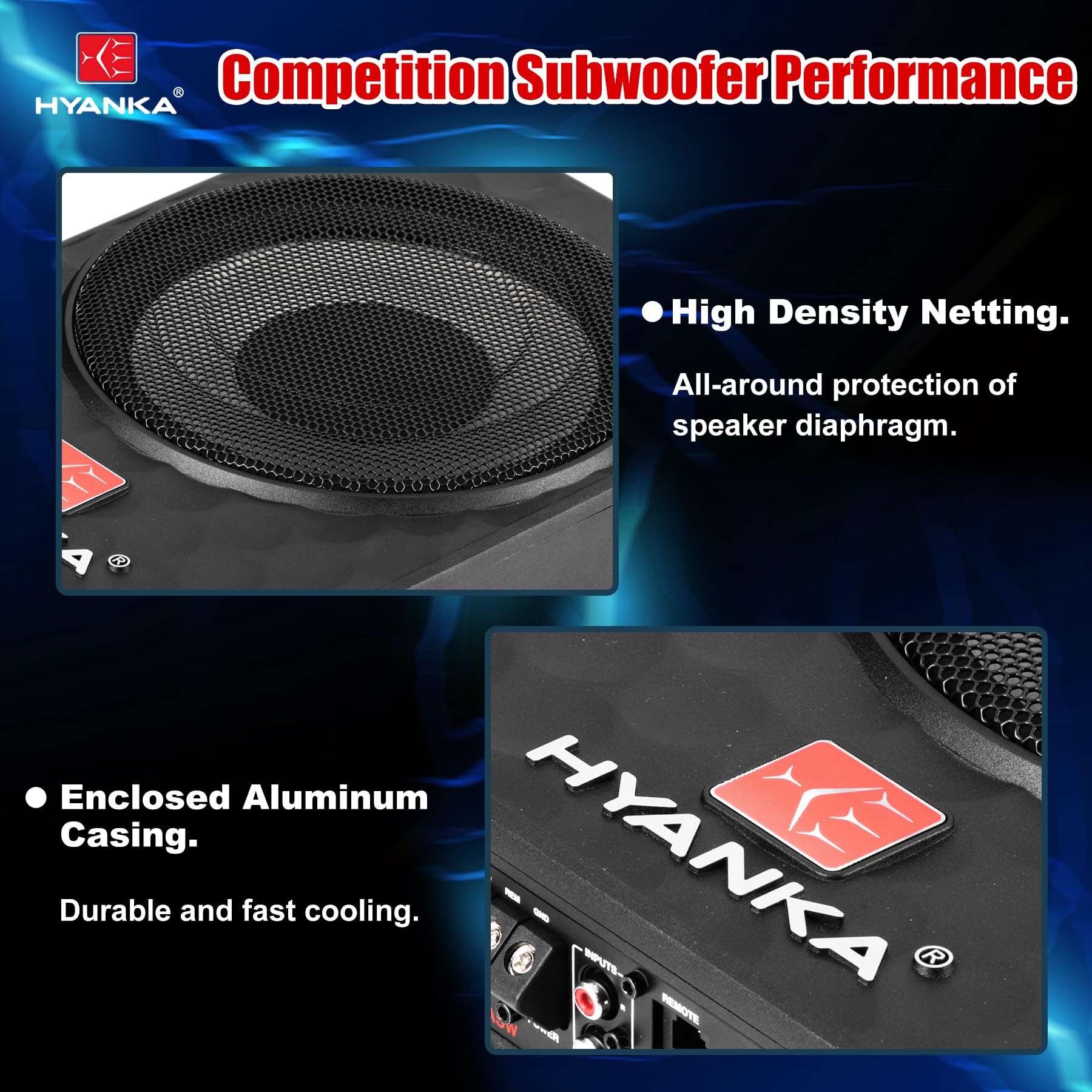 H YANKA SODA-10ASW 480 W Potencia máxima (120 W RMS) Subwoofer compacto bajo asiento de 10 pulgadas con amplificador incorporado, subwoofer de potencia delgada para audio de coche/camión/jeep