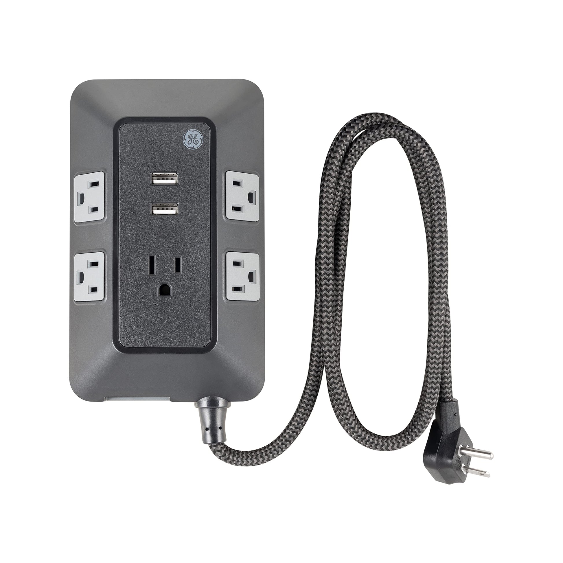 GE UltraPro Adapt Protector de sobretensiones de 5 Salidas con Puertos USB, 2 Puertos USB-A, 2.4A, Cable Trenzado de 3 pies, Protector de sobretensiones de 1780 Julios, Negro, 73777