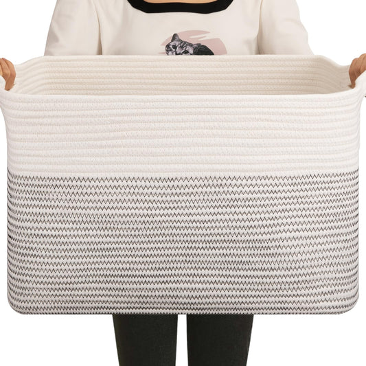 OIAHOMY - Cesta de manta tejida de cuerda de algodón de 75 litros, almacenamiento para sala de estar, 22 x 17 x 12 pulgadas, negro y blanco