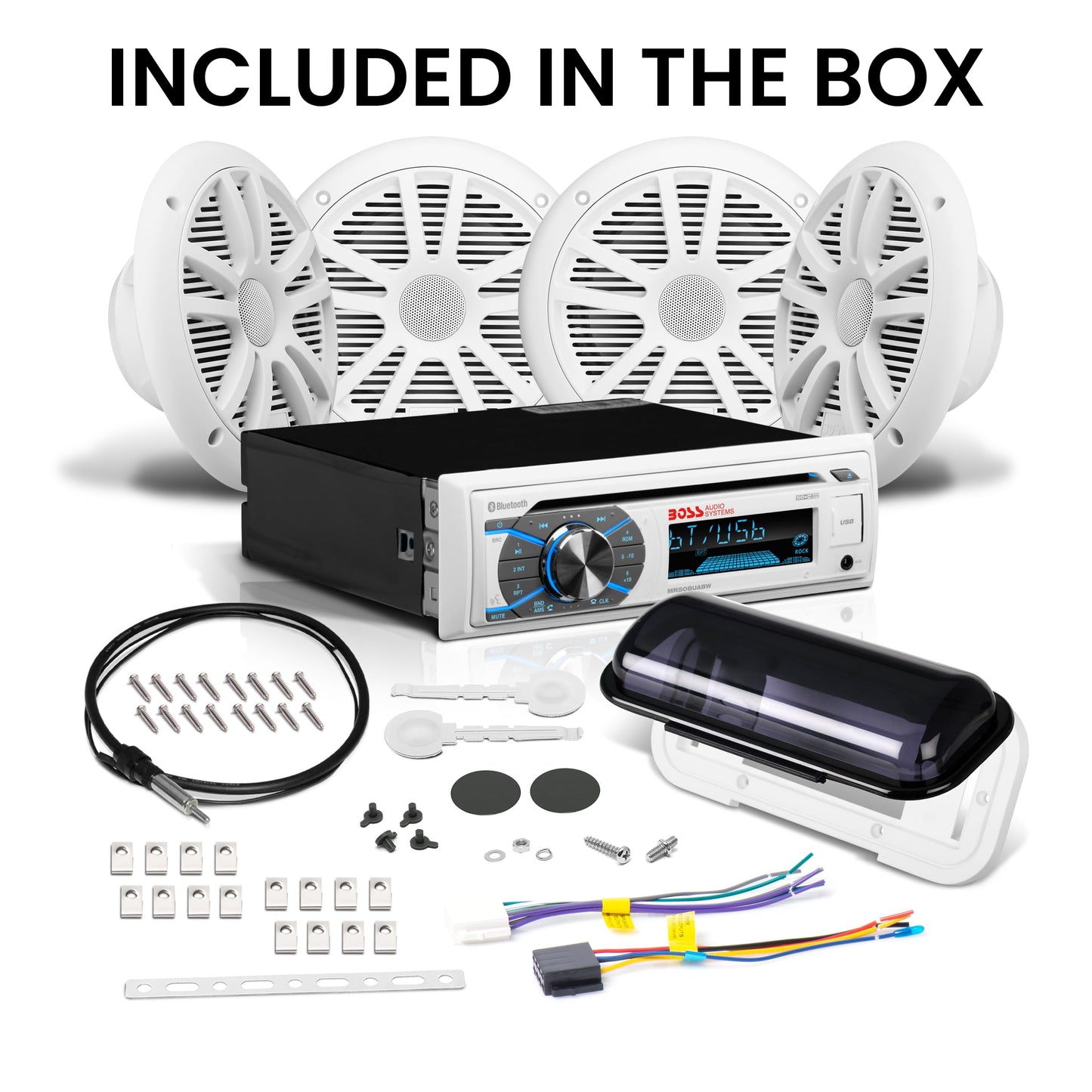 BOSS Audio MCK508WB.64S Receiver / Speaker Package, Bluetooth, CD/MP3/USB/SD AM/FM Marine Stereo, Wireless Remote, Four 6.5 Inch Speakers, Antenna, Auxiliary Cable