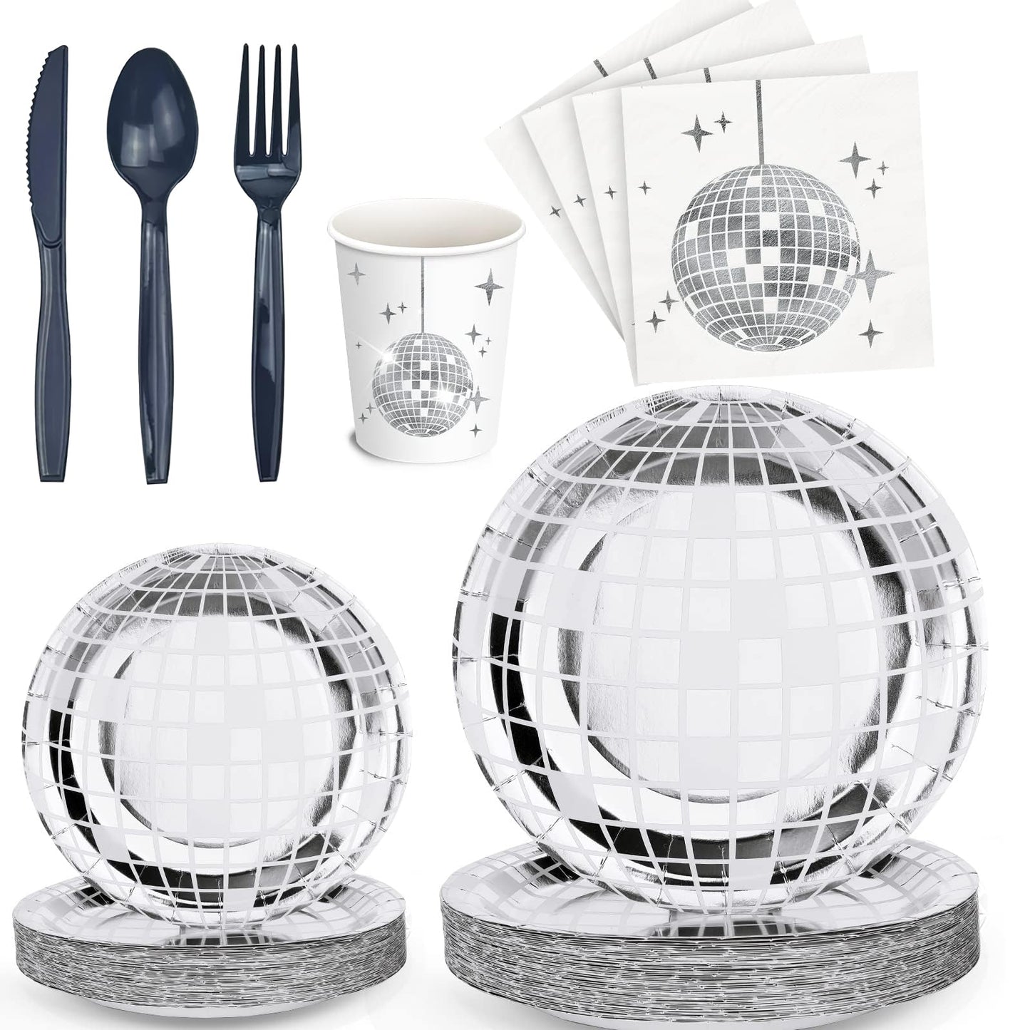 Juego de 175 Piezas de Vajilla para Fiesta de Discoteca, Platos, Tenedores, Cuchillos, Servilletas, Platos de Fiesta, Suministros de Fiesta de Discoteca de los años 70-90, para 25 Invitados (Plateado)